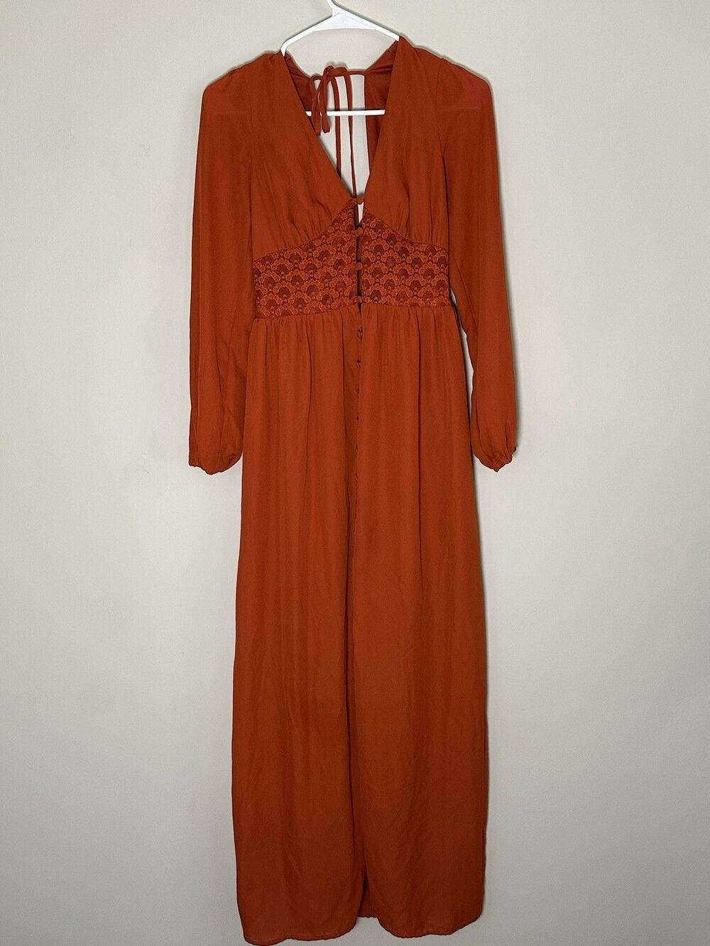 Boho Maxi Dress Plunge V-Neck Lace S Slit Bishop Smocked Burnt Orange Babydoll